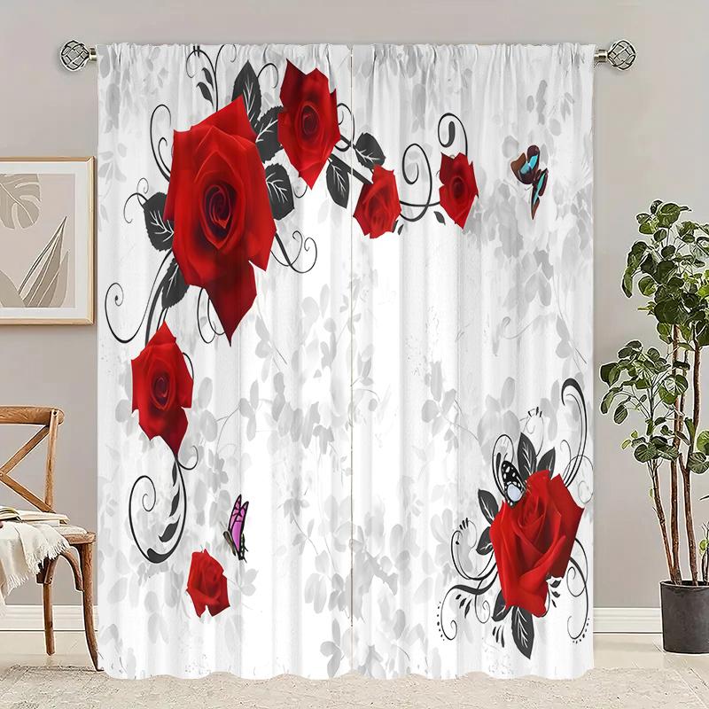 2 Pieces - White Base Red Rose Polyester Curtains, Bathroom, Bedroom, Living Room, and Family Room Decorative Curtains