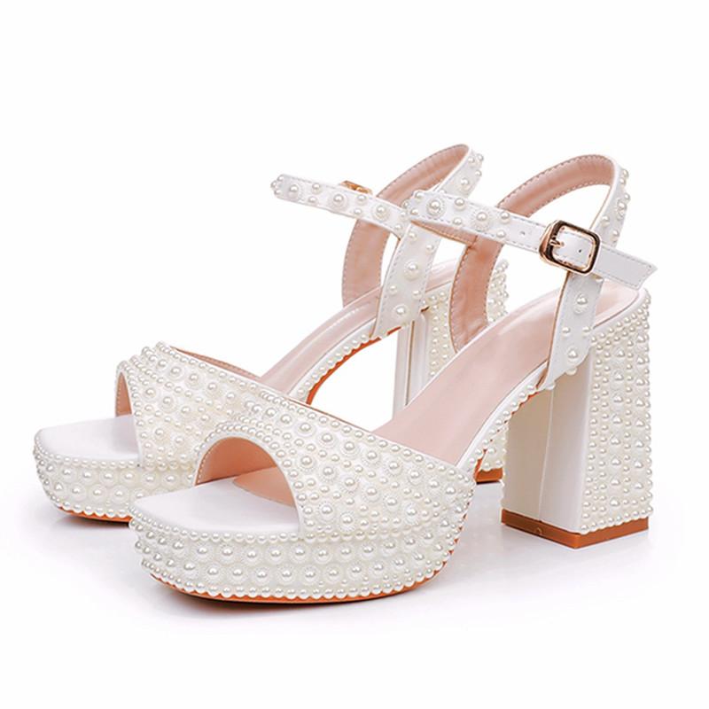 Luxury Handmade Full Pearls Thick Heeled Women Gladiator Sandals Summer Platform Wedges High Heels Chunky Sandals Shoes
