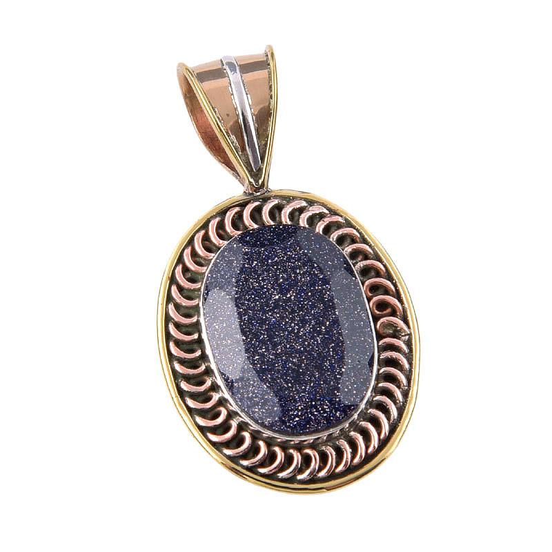 Natural Blue Sunstone 925 Solid Sterling Silver Gift TwoTone Pendant 1.50" f8Z75