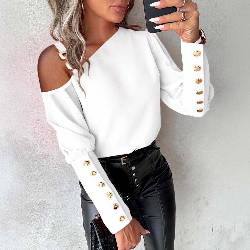 Women’s Plain-Coloured Metal-Buttoned Off-the-Shoulder Button-Up Shirt for Autumn/Winter