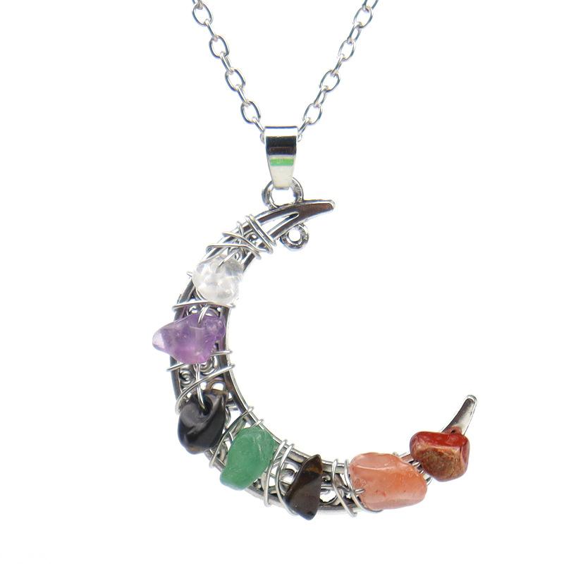 Vintage Handmade Colorful Beaded Gravel Crystal Amethyst Moon Pendant Necklace N551