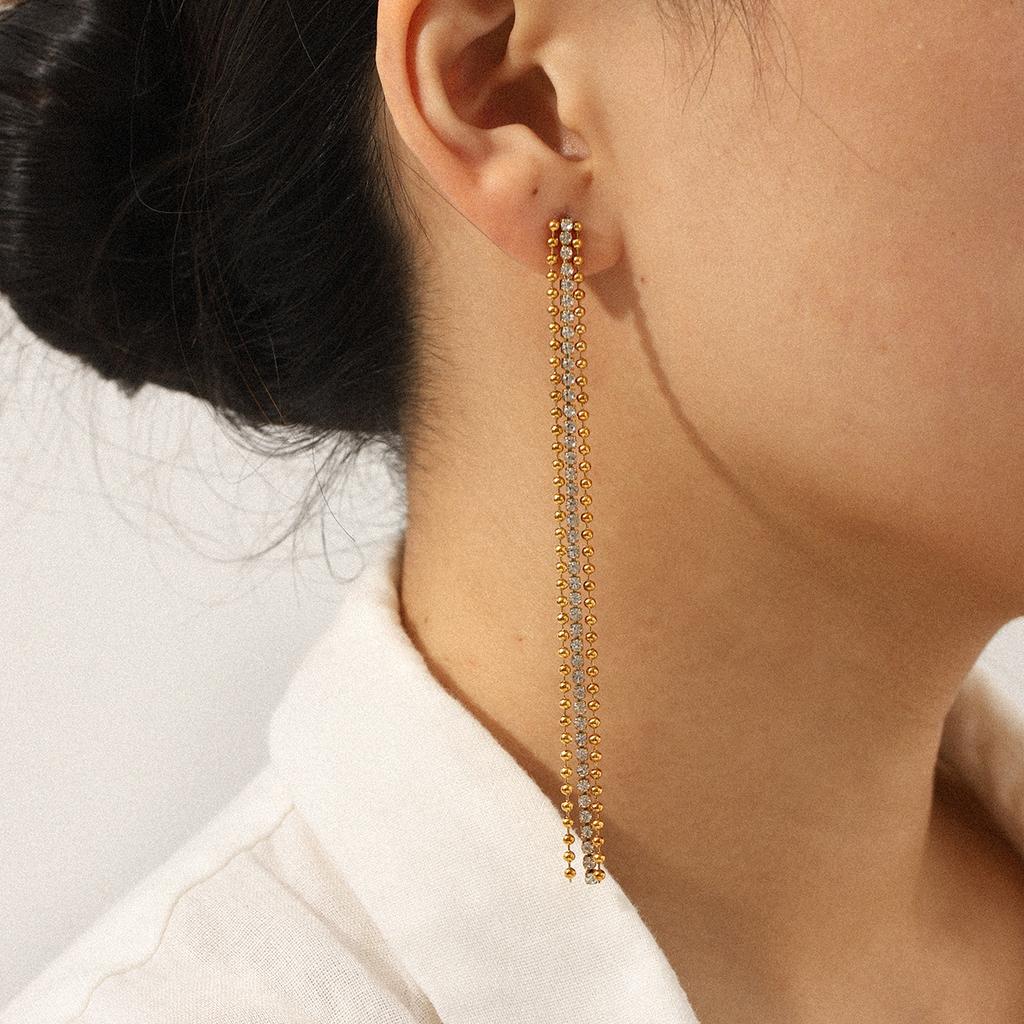 Round bead zircon chain tassel earrings, long style ear jewelry, light luxury high-end titanium steel accessories