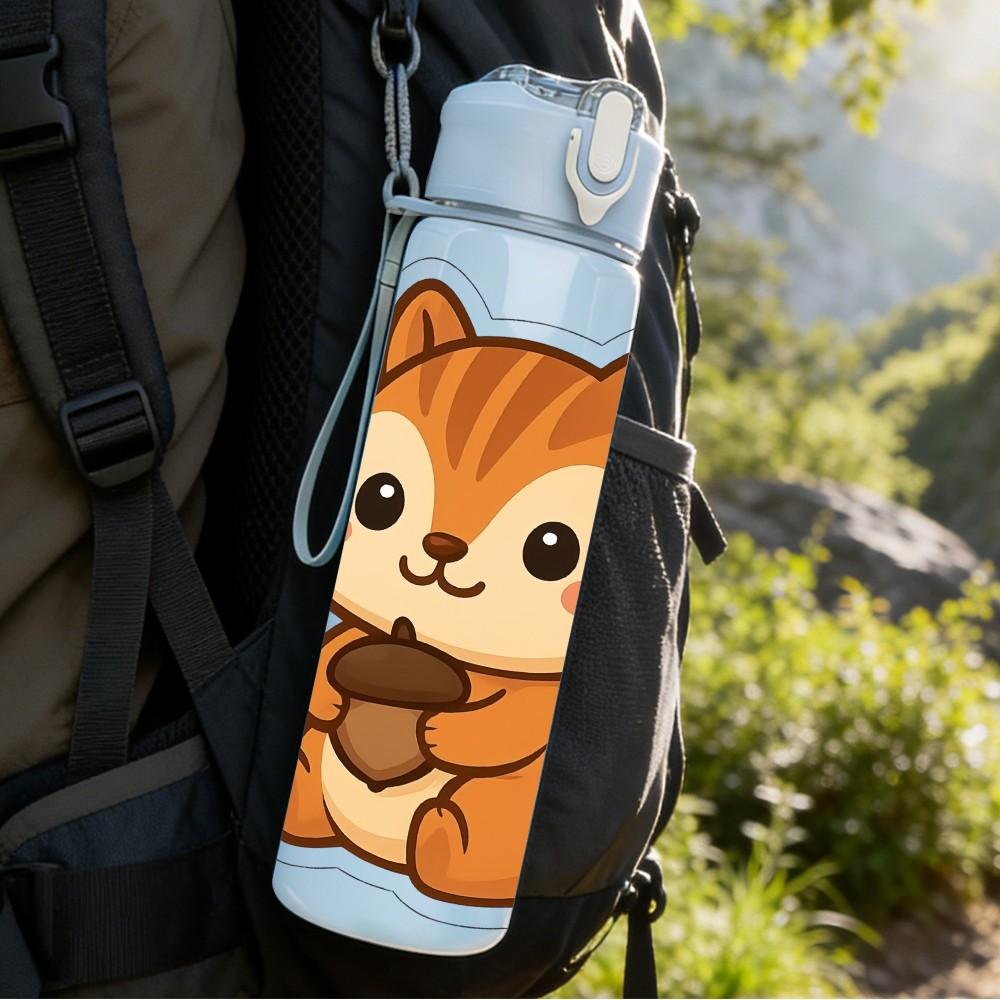 1PC Cute Sitting Squirrel Cartoon Print 750ml Color Plastic Sports Water Bottle Leakproof Flip Straw Lid Suitable for Sports Office Home Use