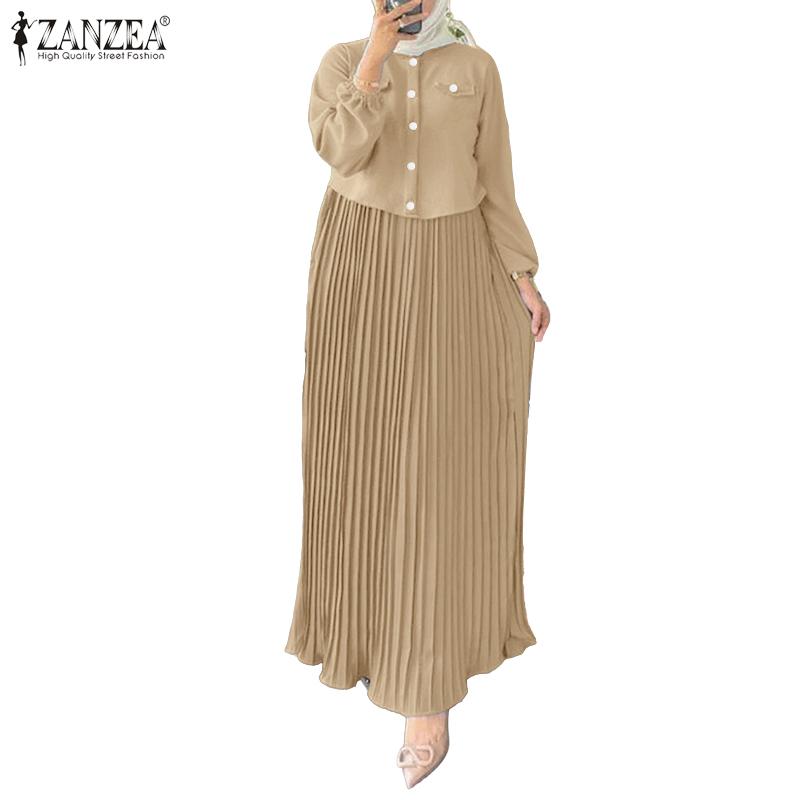 ZANZEA Women Casual Round Neck Loose Long Sleeve Pleated Long Dress