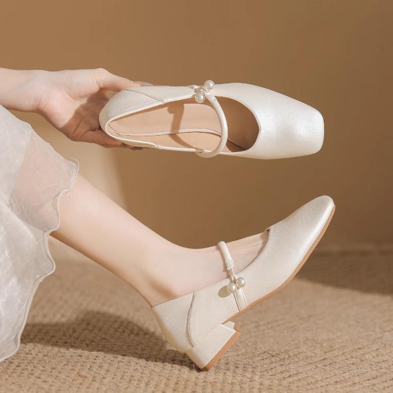 Fashion elegant ladies pearl buckle low heel shoes woman two wears slip on moccasins female chunky heel soft leather pumps big size 43