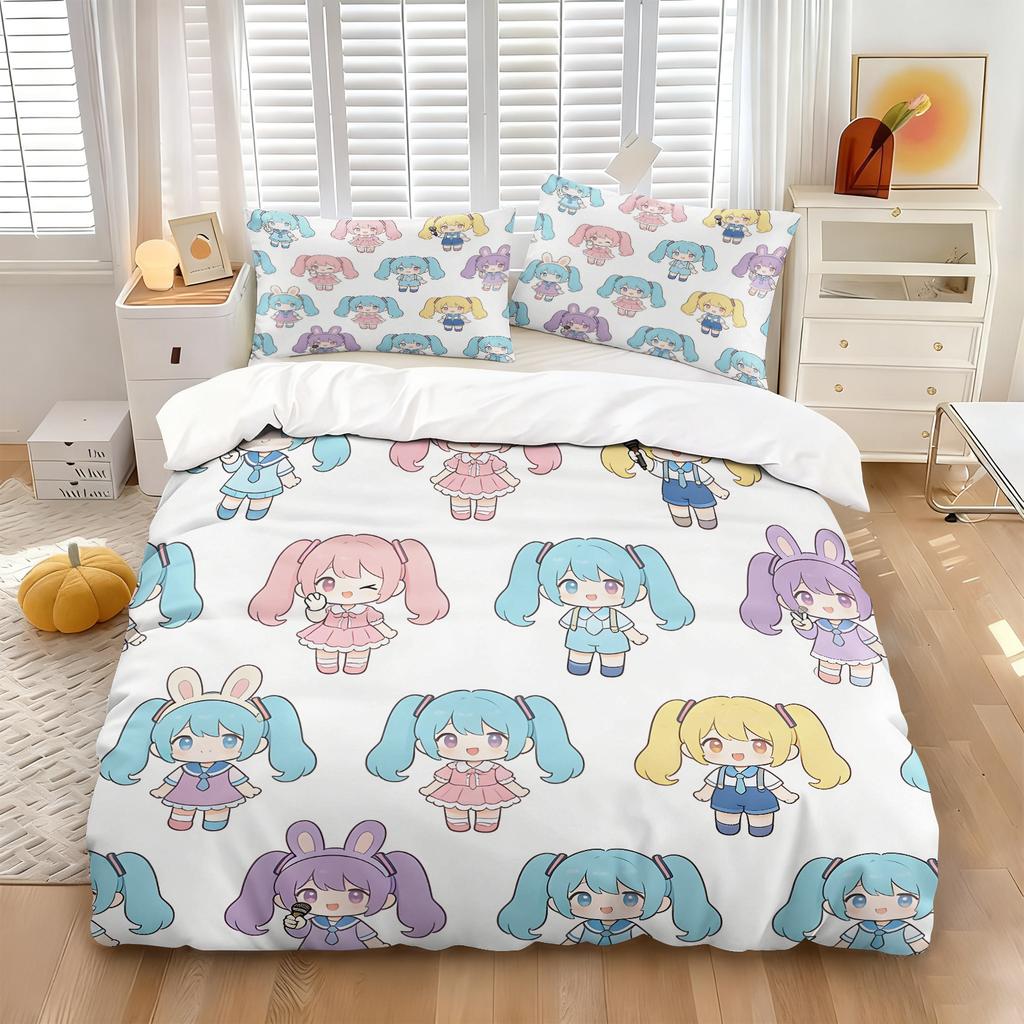 Hatsune Miku Chibi Style Duvet Cover Set Cute Anime Bedding with Pillowcases Gaming Room Teens Kids Bedroom Decor Gift for Fans