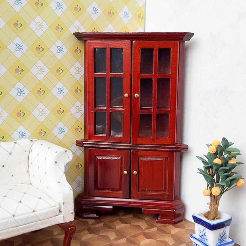 1/12 Scale Miniature Wood Corner Display Cabinet For Doll House Accessories With MultiTier Storage Design Scene Decors
