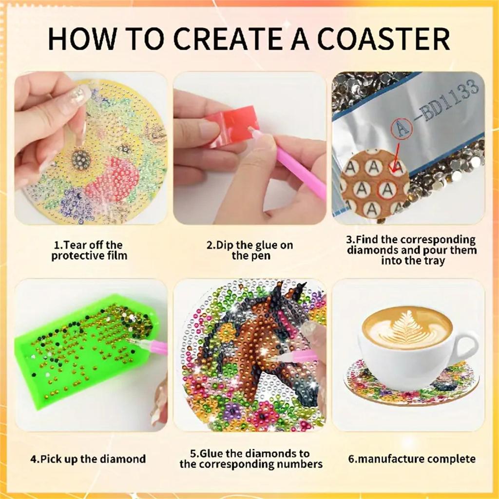 8 Pieces/set of Diamond Painted Horse Patterned Coasters, DIY Coasters with Holder, Suitable for Beginners and Adults, Art and Craft Supplies Gifts