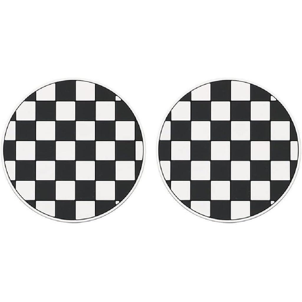 Car Coasters for Cup Holder Silicone, Car Cup Holder Coasters Pack of 2, Fashion Black White Checkerboard Gird