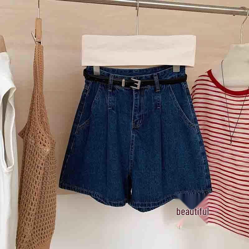 Plus-Size High-Waist Wide-Leg Denim Shorts for Pear-Shaped Women - Summer Slimming Pleated A-Line Hot Pants