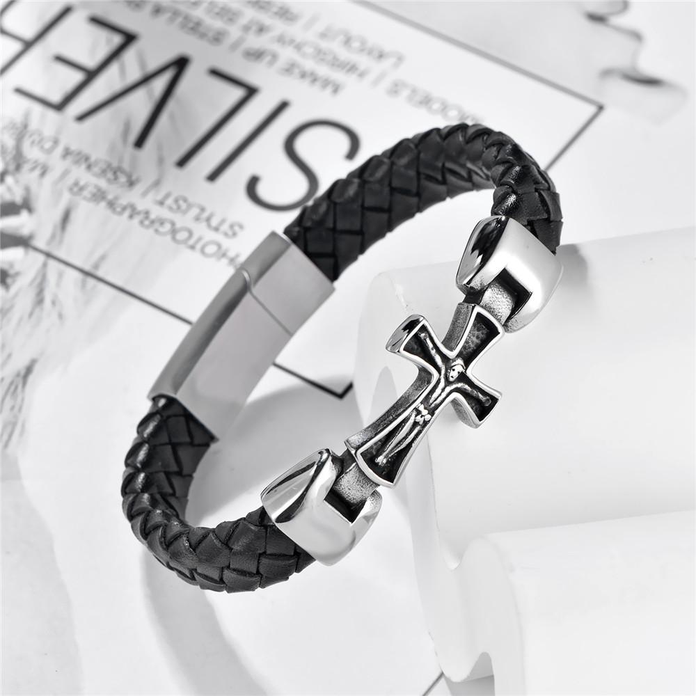 Classic Mens Leather Bracelet Stainless Steel Religious Bangles for Men Women The Cross of Jesus Catholic Jewelry Gifts