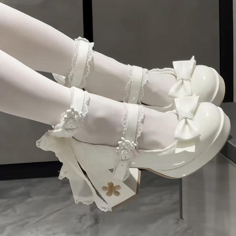 Lovely Girls Lolita Butterfly Knot High Heels Platform Shoes ,Young Women Students Cute Sakura Wedding Dress Mary Janes