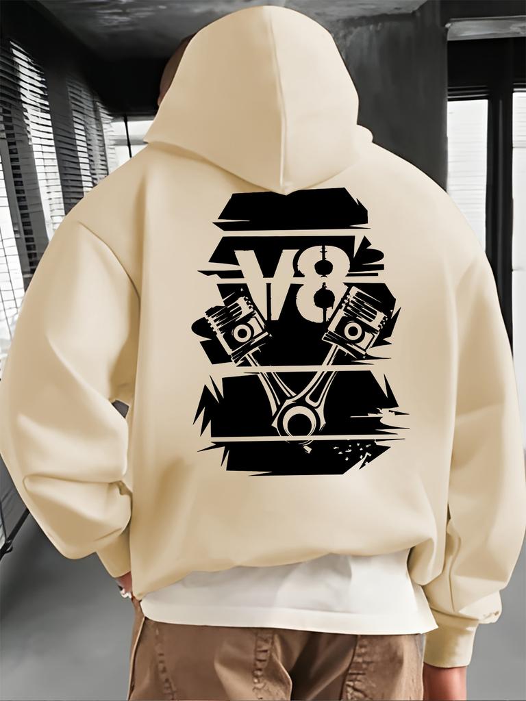 V8 Engine Piston Graffiti Mechanical Print Men Hip Hop Sports Hoodie Back Automotive Culture Graphic Loose Street Sweatshirt