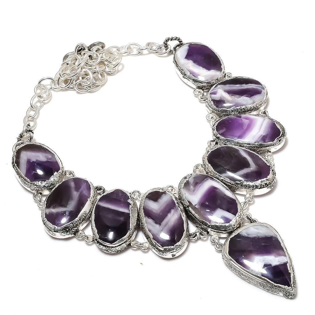 Naturalny ametystowy kamień szlachetny Chevron ręcznie robiony naszyjnik ze srebra próby 925 Electroform, ametystowy kamień szlachetny Chevron dla żony Unisex naszyjnik, prezenty