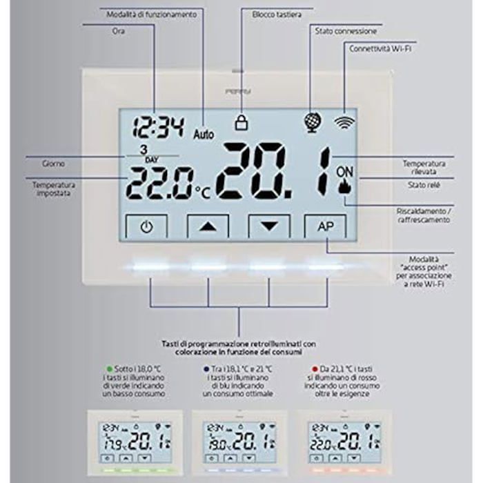 Thermostat connecté - PERRY - Perry 1TXCR029WIFI - Mural - Wi-Fi - Couleur blanche