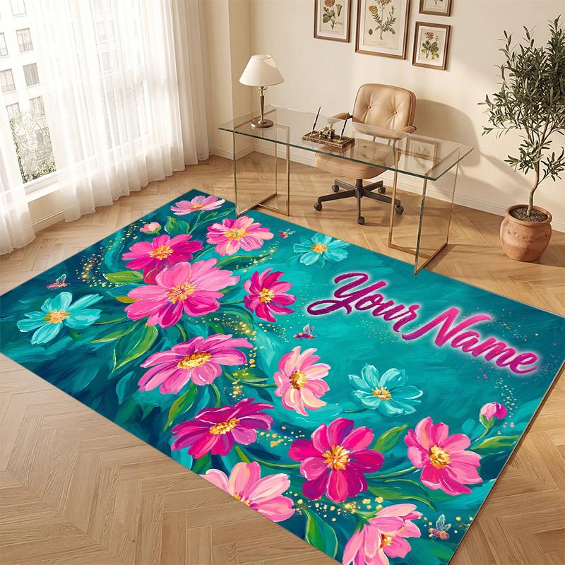 Floral Garden Theme Soft Crystal Velvet Rug Custom Name & Text Print Non Slip Floor Rug for Bedroom Living Room