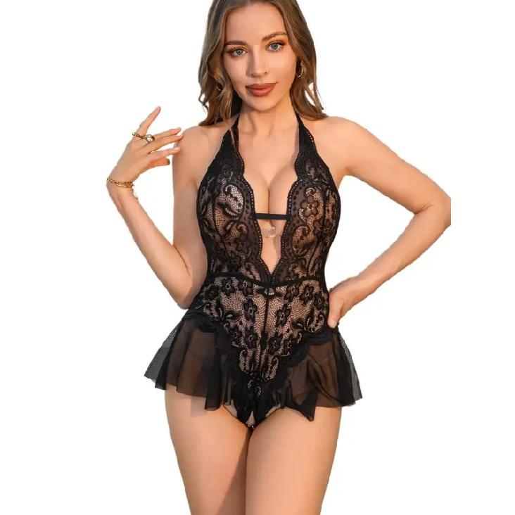 Sexy Open Crotch Underwear Women One Piece Bra Sets Lace Transparent Sexy Lingeries Deep V Neck Bodysuit Erotic Lingerie Set