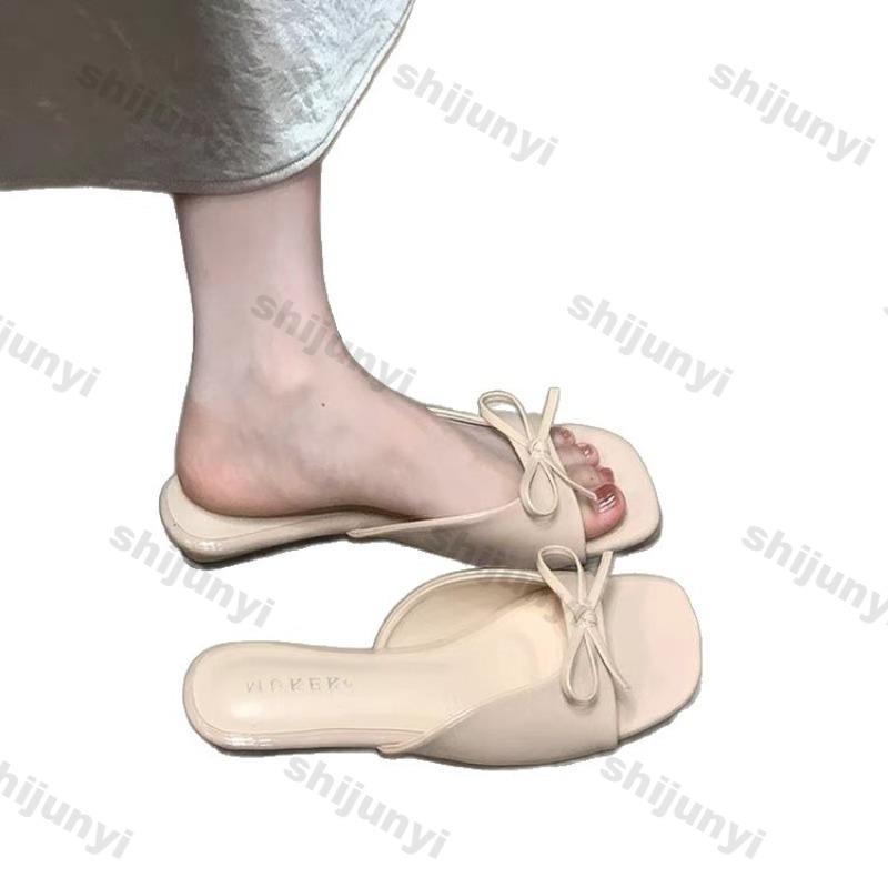Fashion Square Toe Flat Sandals 2025 Summer New Slip On Fashion Bow-knot One Word Slippers Lightweight Comfortable Casual Shoes