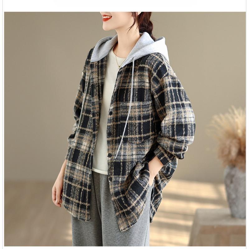 DIMANAF 2025 New Autumn Winter Plus Size Women Coats Jackets Hooded Cotton Thick Long Sleeve Loose Casual Outerwear Vintage Lady Plaid