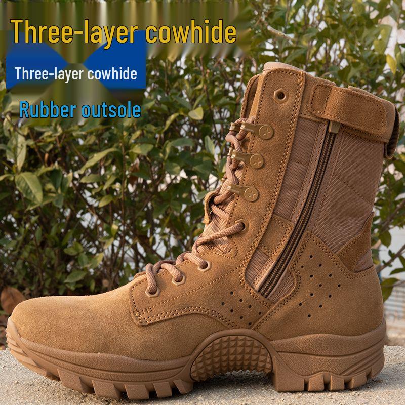 Новые коричневые боевые тренировочные ботинки: Мужские и женские высокие, пылезащитные, дышащие ботинки для альпинизма на молнии из коровьей кожи 41 (255 mm)
