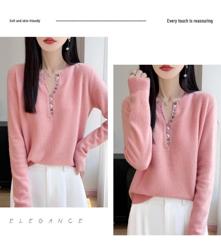 2026 Autumn Winter Women's V-Neck Long Sleeve Knit Wool Sweater, Loose Fit, Plus Size