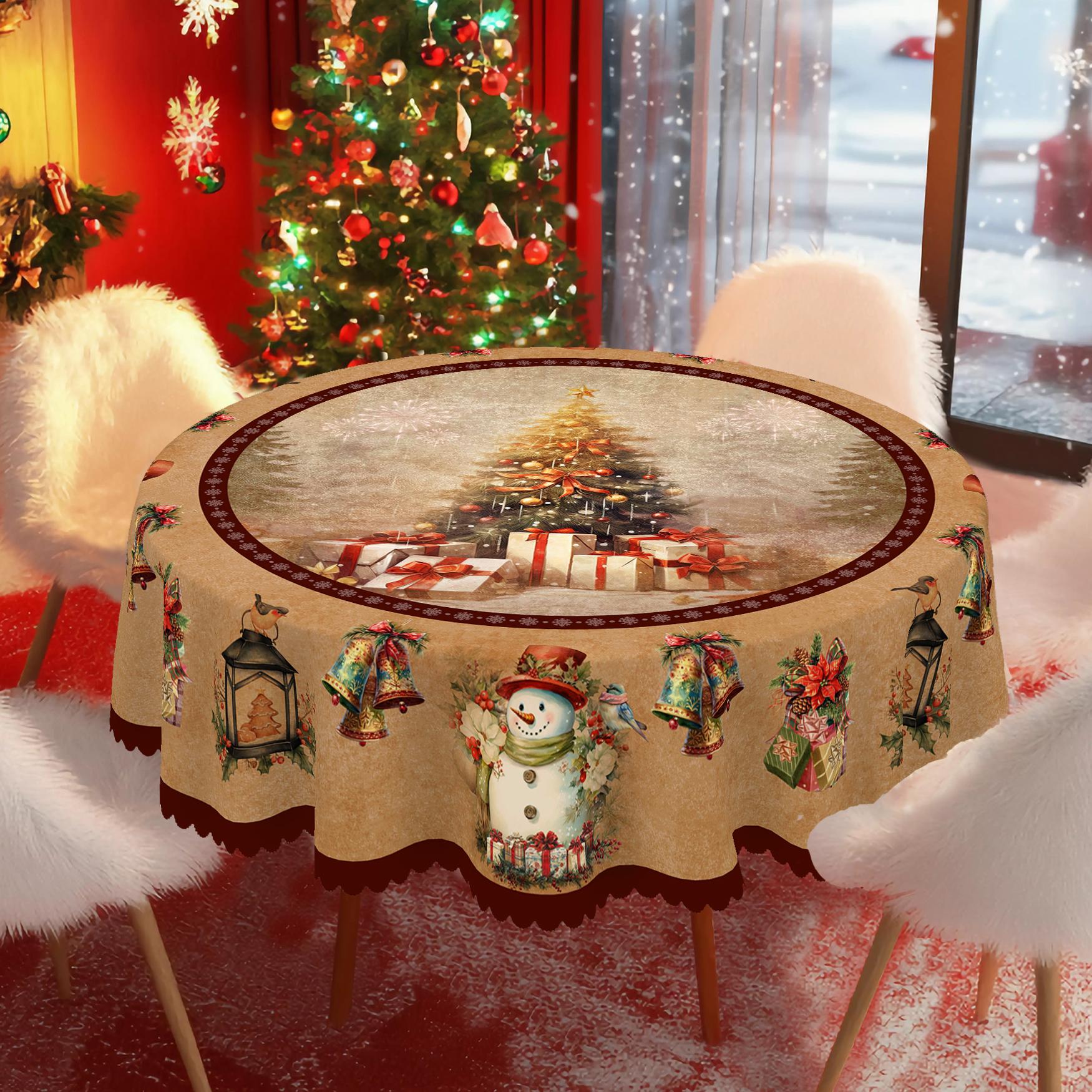 

1 Christmas Themed Round And Rectangular Tablecloths, Various Sizes, Antique Christmas Tree Snowman Exquisite Bell Tablecloths For Daily Home Kitchen, 140X180Cm