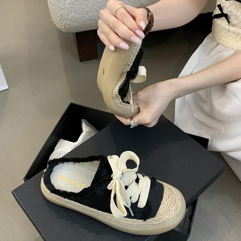 Fashion Fisherman Shoes Canvas Baotou Half Slippers Women's Summer Outside Wear 2025 Lacing Senior Sense Thick Bottom Muffin Bottom Lazy