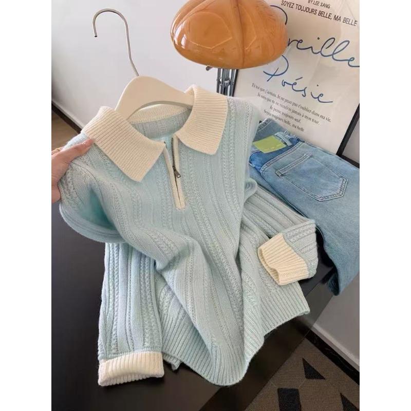 

Женский вязаный свитер с длинными рукавами и лацканом на молнии, новый, с контрастной цветной вставкой, топ для начала осени ch. L