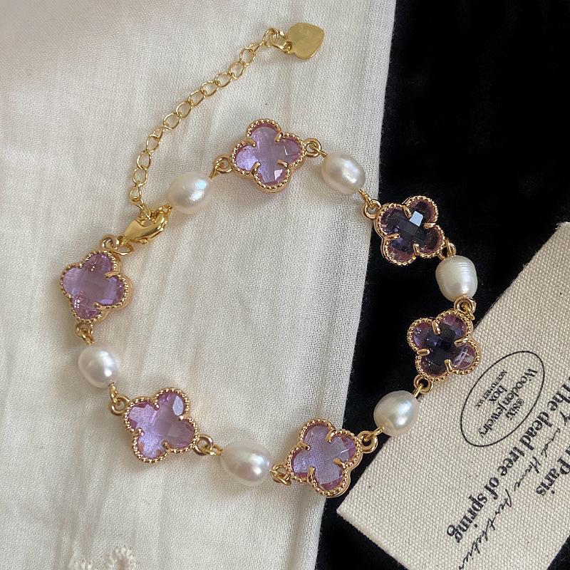 Pink Four-leaf Flower Bracelet Freshwater Pearl Natural Crystal Bracelet, Sweet Internet Celebrity Small Fragrance Citrine Bracelet.