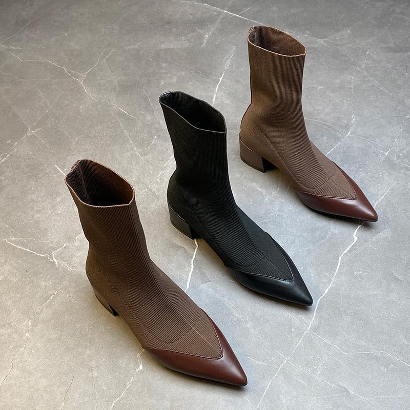 Pointed Thick Heel Short Boots Autumn and Winter New Heightening Thickened Warm Chelsea Boots Women