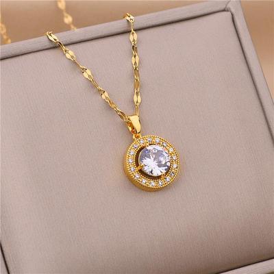 Korean Gold Zircon Diamond Pendant Necklace - Titanium Steel Clavicle Chain for Women