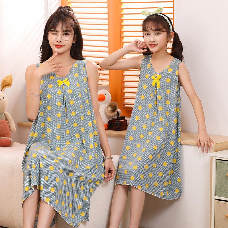 Mother-Daughter Cotton Silk Sleeveless Nightgown for Girls: Wide Shoulder Home Dress