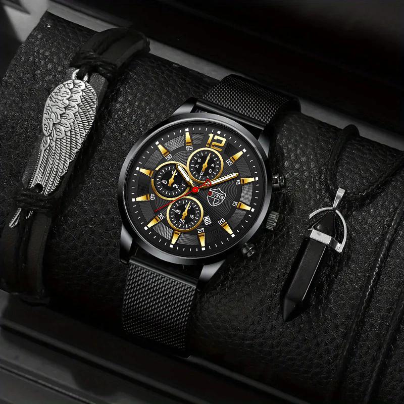 

3 шт./набор, 1 шт. Мужские модные повседневные кварцевые часы с сетчатым ремешком из нержавеющей стали, 1 шт. Браслет и 1 шт. Ожерелье с