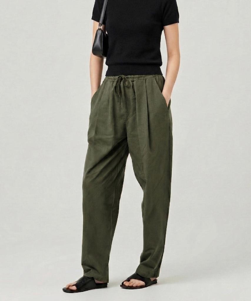 EASE Linen Elastic Waist Pants [Oversized Fit]_Khaki_Unisex