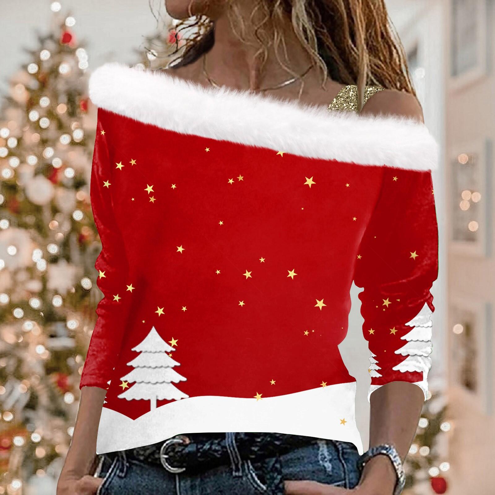 

Женский повседневный свободный топ с длинными рукавами и рождественским принтом из плюша L