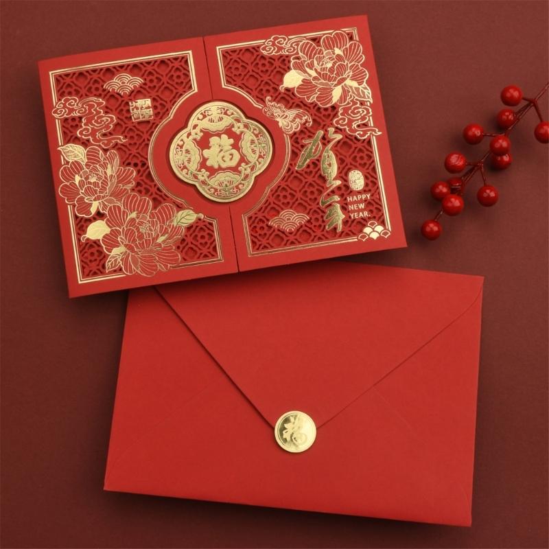 Chinese New Year Card With Envelope Embossed Holiday Greeting Card For Festival Celebration And Traditional Blessing