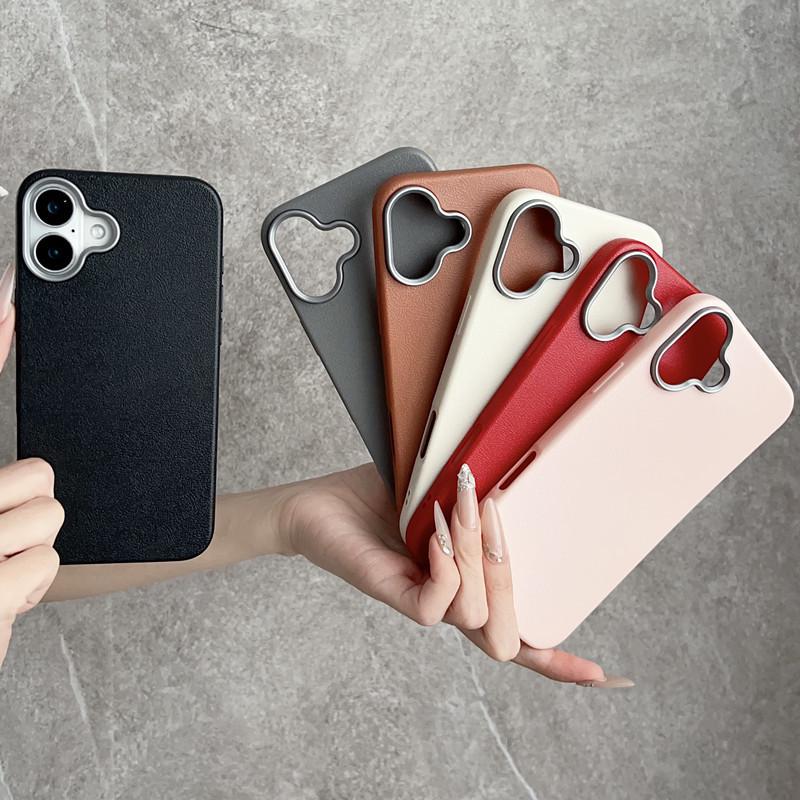Large Hole Plain Leather Texture iPhone 16 Case for Apple, 12 Solid Color, Cross-Border 14/13, Two-in-One 15 & 17 Pro