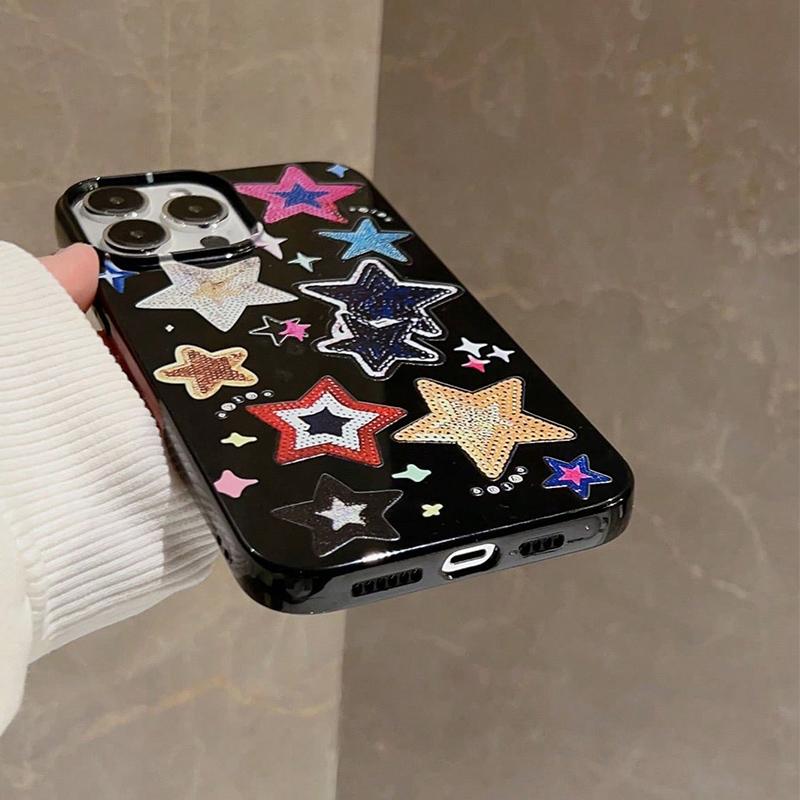 Korean Lovely Colorful Stars Phone Case For iPhone 11 12 13 14 15 16 Pro Max Plus XR X XS 7 8 Plus SE2 Glossy Black Soft Cover