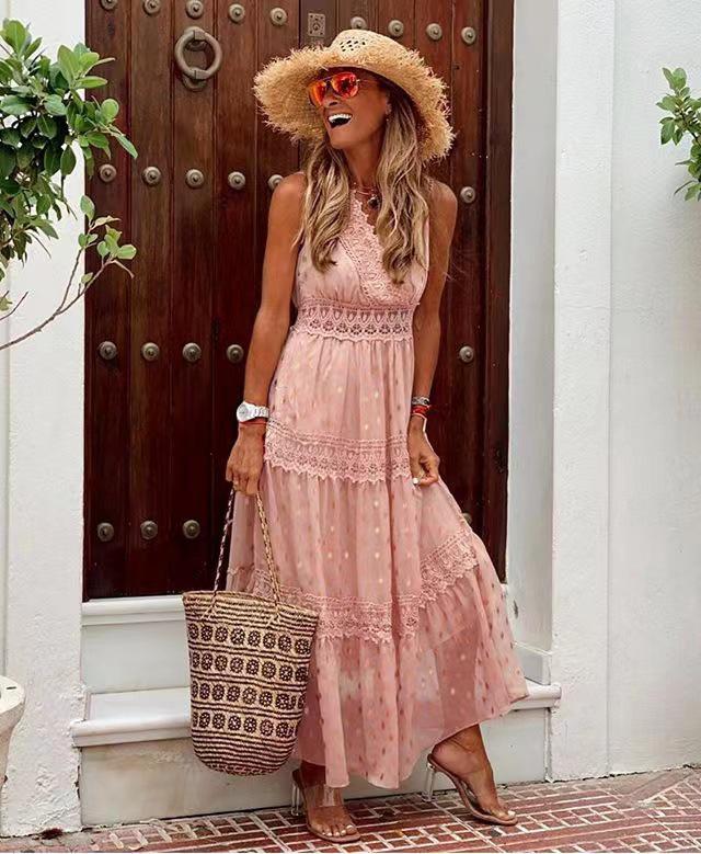 Vestido Sexy de Verão Feminino 2022 Decote V Profundo Sem Mangas Chiffon Comprimento Médio