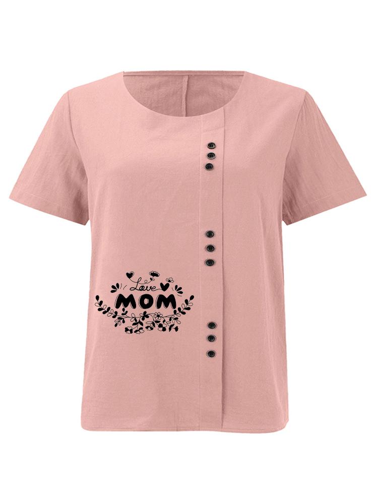 Women's Fashion Black Letter Floral Pattern Print Round Neck Short Sleeve T-shirt Summer Casual Cotton Linen Graphic Shirt Leisure Loose Blouse Tops