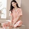 New pajamas women's summer short-sleeved trousers 100% pure cotton thin women's casual lapel mother loungewear set summer