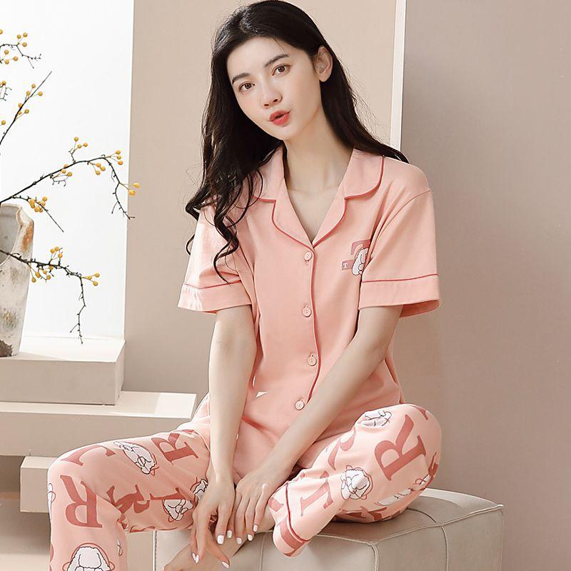 New pajamas women's summer short-sleeved trousers 100% pure cotton thin women's casual lapel mother loungewear set summer