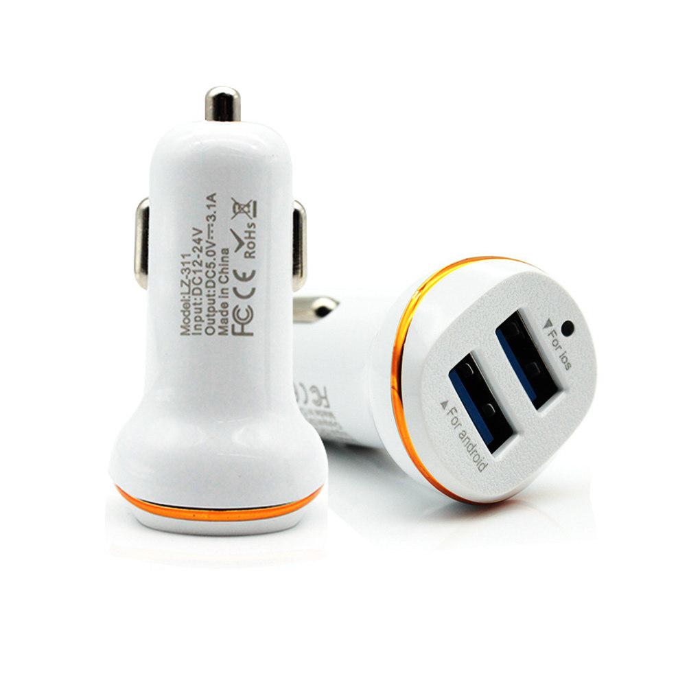 Ładowarka Samochodowa Szybka 3.1A Podwójna USB Adapter Zasilania Mini LED Auto Ładowarka do Telefonu Komórkowego, Biała