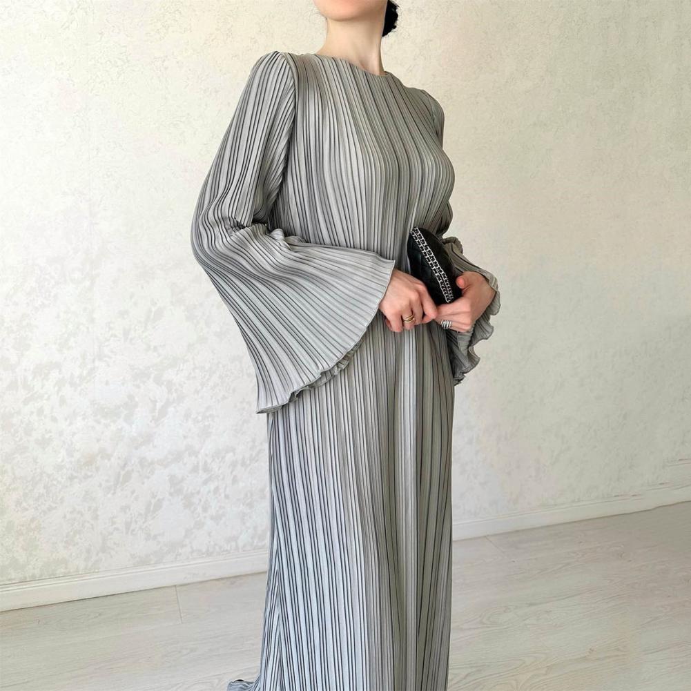 Autumn Spring Women Dress Bell Sleeves Round Neck Striped Pleated Solid Color Slim Fit Lace-up Strap Shirring Edge Prom Party Ma