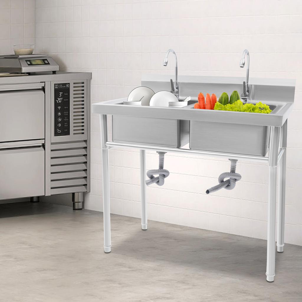 Commercial 2-Compartment Stainless Steel Utility Sink with Faucet- Free Standing Kitchen Sink for Restaurant, Garage & Laundry