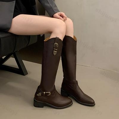 Mode Damen Mittelhohe Absätze Kniehohe Chelsea Lange Stiefel Mode Metall Schnalle Plateau Motorradstiefel Designer Spitz Hohe Ritterstiefel