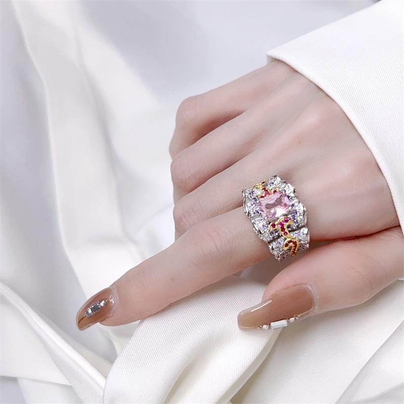 European & American Style Pink Inlaid Diamond Open Split Gold Ring with Colorful Zircon Open adjustable