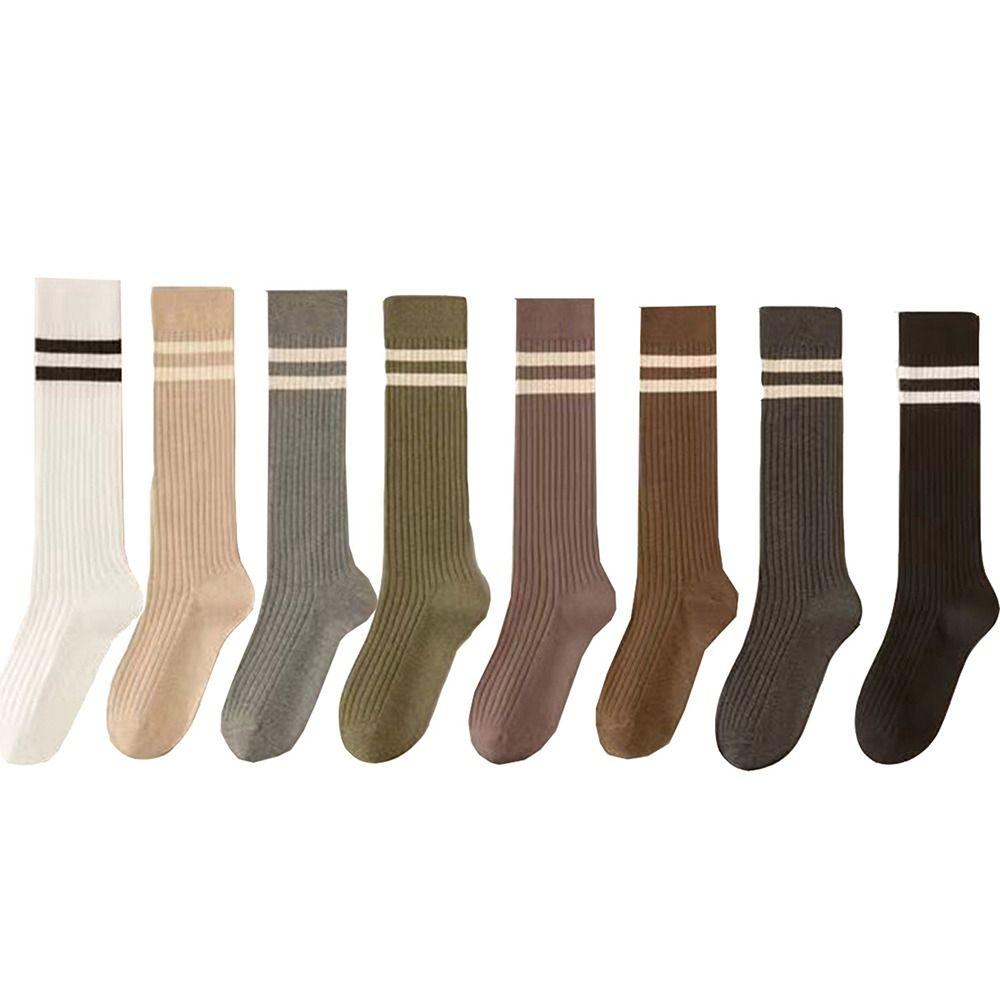 Solid Color Stripe Calf Socks Cotton Women Stockings Elastic Female Hosiery  Daily