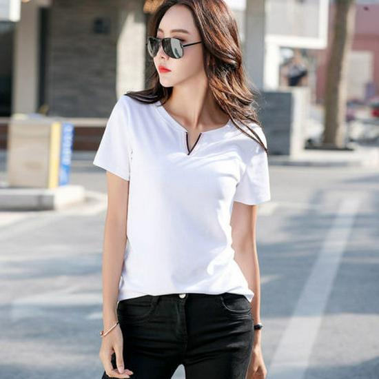 Women's V-Neck Loose Fit Summer T-Shirt - Korean Style Plus Size Solid Color Top