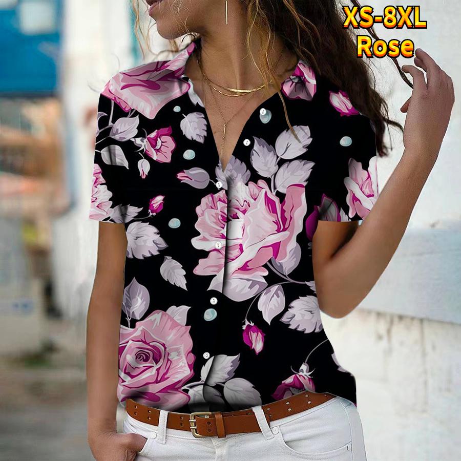 

Лето 2025 Новая Мода Женская Блузка с Коротким Рукавом и V-образным Вырезом на Пуговицах с Цветочным Принтом 8XL розовый